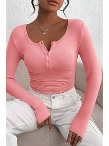 Women's 2025 Fall Long Sleeve Henley Shirts Button Ribbed Knit Casual Basic Tops Blouse - Pink - View 7