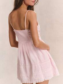 Women Lace V Neck Mini Short Dress Spaghetti Strap Backless Sleeveless Solid Color Short Dress Summer Cinched Waist Flowy Beach Dresses Adjustable Straps Pleated Preppy Dress - 粉色 - 查看 2
