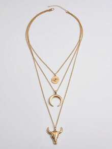 1 件复古西部风格三层合金恶魔之眼、牛仔、牛头、月亮吊坠项链，适合女士日常佩戴 - 復古銀色 - 查看 5