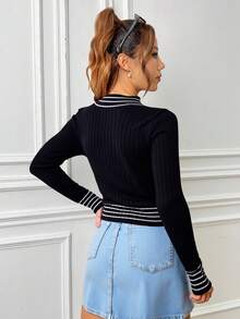 Sueter mujer cuello alto rayas finas contraste horizontales bicolor ajustado tejido de punto corte recto manga larga casual moderno excelente calidad suave transpirable ideal clima templado fresco elegante resalta  figura basico  otoño invierno primavera colores neutros femenino diario - Negro - Ver 4