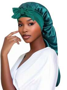 1pc New Long Taffeta Sleeping Cap, Women's Fashion Hair Care Hat, Bowknot Headband Beanie