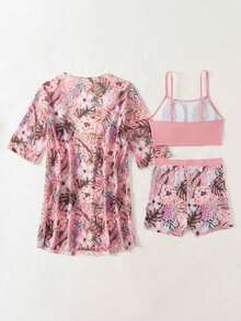 3 paquetes Conjunto De Bikini Impreso Tropical De Tres Piezas Para Mujer Sujetador push up & hipster Bottom de bikini & Kimono 3 piezas Bañador,short traje de baño dama - Rosa - Ver 6