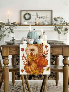 1pc, Orange Pumpkin Maple Leaf Stripes Fall Table Runner, Seasonal Autumn Kitchen Dining Table Decoration For Home Party Decor(13x35.4/47.2/63/72/78.7 Inches), Fall Decorations For Home - Multicolor - View 3
