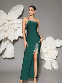 Handmade Beaded One Shoulder Knit Bandage Bodycon Dress, Elegant For Family Gatherings, Parties, And Evening Occasions