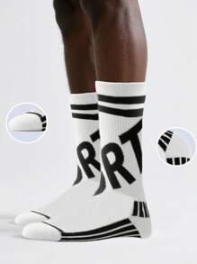 1 Pair Unisex Letter & Stripe Pattern Mid-Calf Sports Socks, Fashionable & Versatile For Fitness, All Season