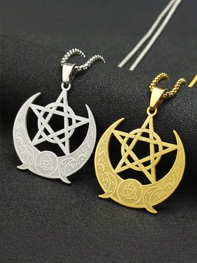 1 Peça Colar Multicolorido de Aço Inoxidável com Pingente de Pentagrama, Lua Crescente, Símbolo Árabe, Acessório de Corrente de Clavícula da Moda