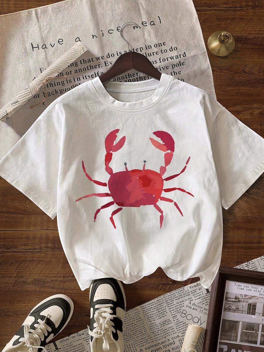 螃蟹印花 T 恤，可爱女式上衣四季 T 恤，大码女式休闲圆领短袖 T 恤