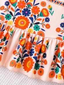 1 件女童休闲花卉和几何印花连衣裙，户外服装春夏 - 彩色 - 查看 6