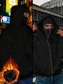 女士秋季服装、女士冬季服装、女士冬季服饰、女士亮片卫衣、冬季亮片上衣、时尚亮片拉法帽街头嘻哈双层连帽开衫、星空秋冬连帽拉链外套（黑色） - 黑色 - 查看 4