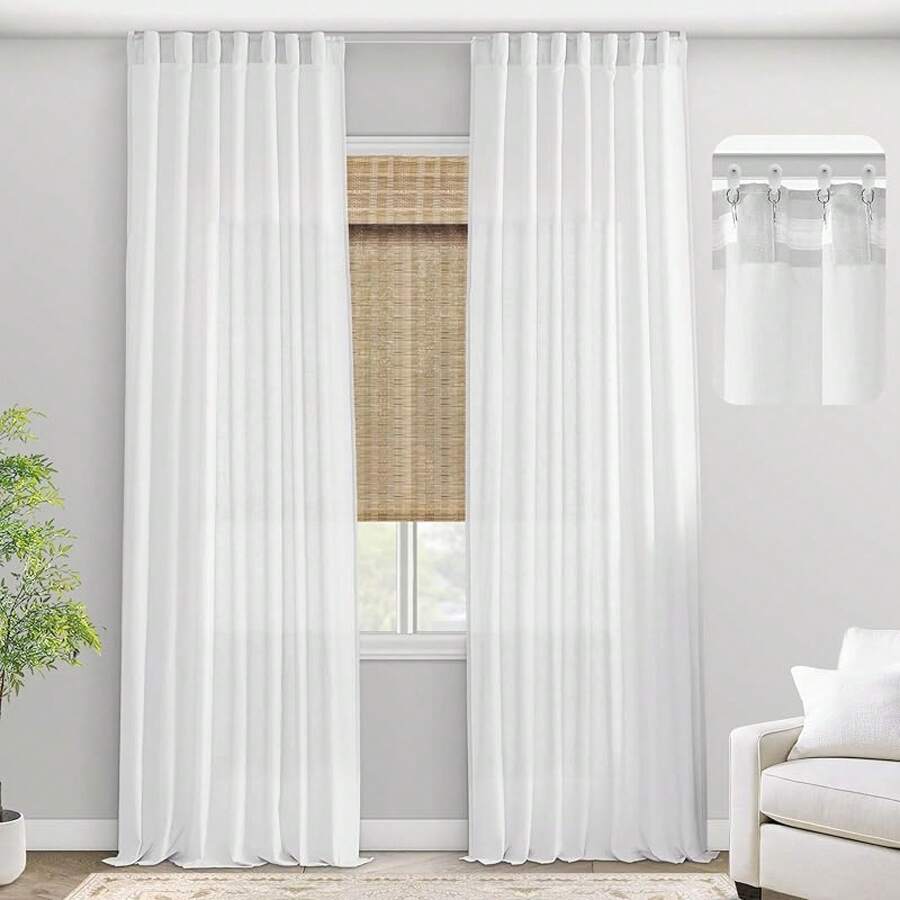 Coquette White Linen Bedroom Sheer Curtains 108 Inches Long, Back Tab Pleated Long Curtains, Elegant Modern Long White Curtains Living Room, 9 FT - 白色 - 查看 1