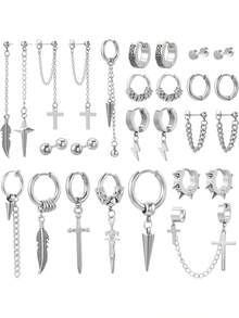 25/27pcs Black Stainless Steel Earring Set, Men's Cross & Feather Pendant Chain, Punk Hoop Earrings - 27 Pieces/set - View 12