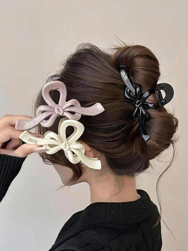1pc Elegant Bow Solid Design Hair Claw, Sophisticated Letter Decor Hair Clip, Suitable For Women's Dates, Parties, Gatherings