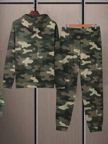 2 piezas/set Camual Casual para hombre con sudadera con capucha y sudor con cordón estampado, sudadera y pantalones deportivos de ocio con camuflaje