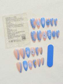 24 Stück mittelgroße Mandel-Nagelaufkleber in Blau, dreidimensional, modisches Blumen-Wassertropfen- und Gold-Diamant-Nagelset (mit: 1 Stück Gelee-Kleber und 1 Feile) geeignet für den täglichen Gebrauch und Partys von Frauen