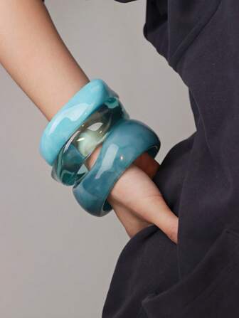 1pc Fashionable Ombre Semi-Transparent Bracelet For Women, Circular Wide Resin Bangle, Ins Style