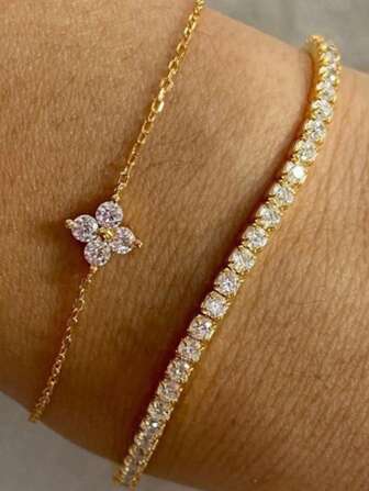 2 piezas Conjunto de pulseras de acero inoxidable con trébol dorado y circonita, accesorios de joyería minimalista y de moda estilo Ins, adecuado para verano, citas, fiestas, vuelta al colegio, vacaciones