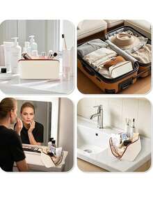 大容量双层化妆包，化妆品收纳包，PU皮革防水化妆包，轻便洗漱化妆包，带隔层的大容量洗漱包，多功能旅行收纳包，旅行居家化妆品收纳包 - 彩色 - 查看 7