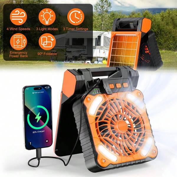 Moclever Moclever 1 Set Solar Camping Fan With LED Lantern Rechargeable Battery Operated Portable Fan With Emergency Power Bank 4 Wind Speeds 3 Light Modes 3 Timers For Hiking Fishing Travel Outdoor Activities