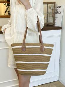 New Straw Tote Bag, Large Capacity Straw Bag, Fashion Versatile Commuter Shoulder Bag, Beach Bag, Travel Vacation Bag, Striped Woven Straw Tote Bag For Women - Light Khaki - View 6