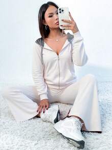 Conjunto  Compuesto Por Sudadera Con Capucha Y Cierre Y Pantalones Deportivo - Beis - Ver 4