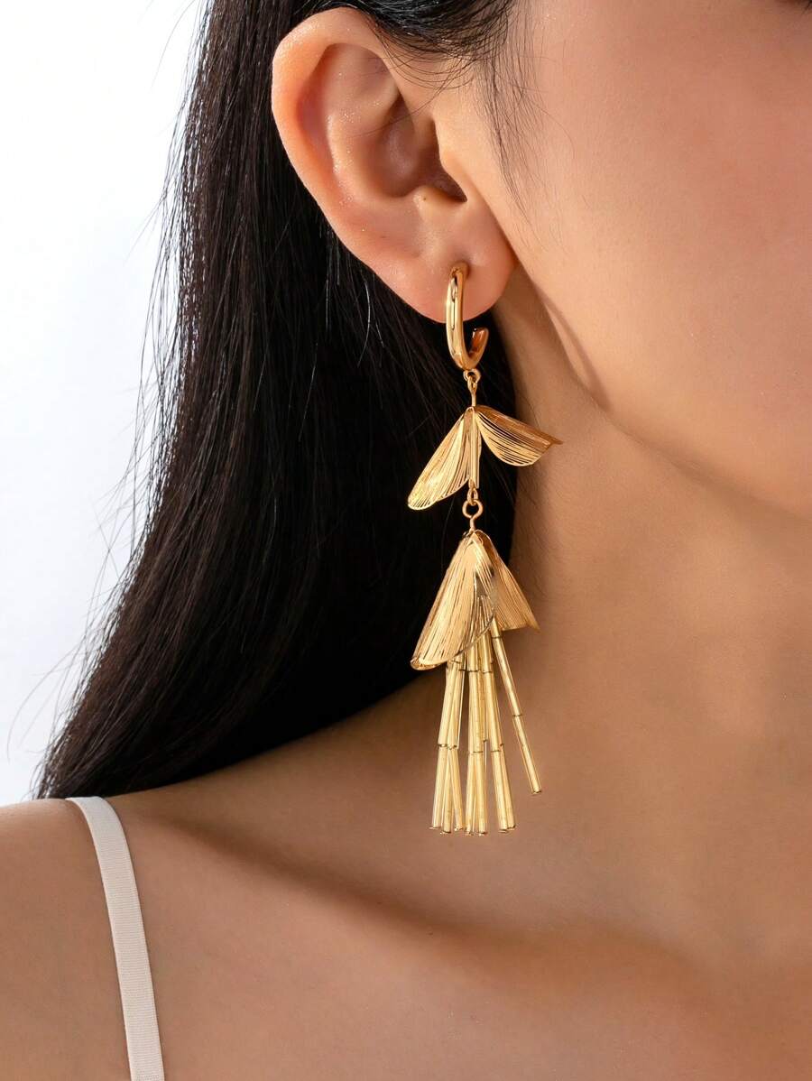 1 Pair Minimalist Tassel Stainless Steel Alloy Long Earrings, Fashionable & Versatile For Daily Wear