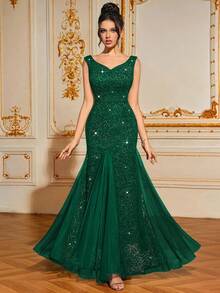 MIUSOL Sweetheart Neck Contrast Sequin Lace Mesh Mermaid Hem Evening Party Fitted Long Dress, Elegant Formal Prom Gown, For Wedding Guest, Graduation, Dinner