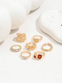 7pcs/Set Fashionable Luxury Personalized Elegant Delicate Multi-Color Crystal Geometric Metal Ring Set, Women's Daily Jewelry Accessories - Yellow Gold - View 4