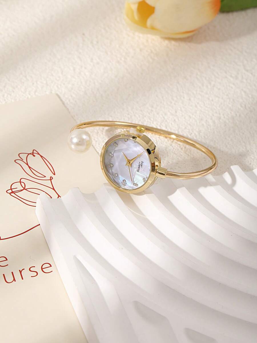 1 Women's Fine Fiber Bracelet, 1 Large Pearl, Diamond Cut Glass Rhinestone Dial, Minimalist Quartz Watch Bracelet, Watch - Gold - View 1