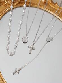1/4 Stücke Vintage Metall Jesus Kreuz & Blumen Anhänger Y-Knöchel, elegantes bohemian Stil Kunstperle Anhänger Halsketten Set, geeignet für Frauen für Alltag und Feiertage, Geschenk für Freunde