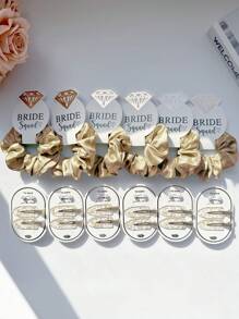 2 Sets Elegant Satin Hair Scrunchies & Faux Pearl Hair Clips Set, Gold Foil Hair Clips, Bridal Party Crystal Hair Scrunchies, Damage-Free Hair Accessories, Suitable For Weddings, Engagements, Bachelorette Parties, Hair Decor, School Supplies, Gifts, Head Accessories