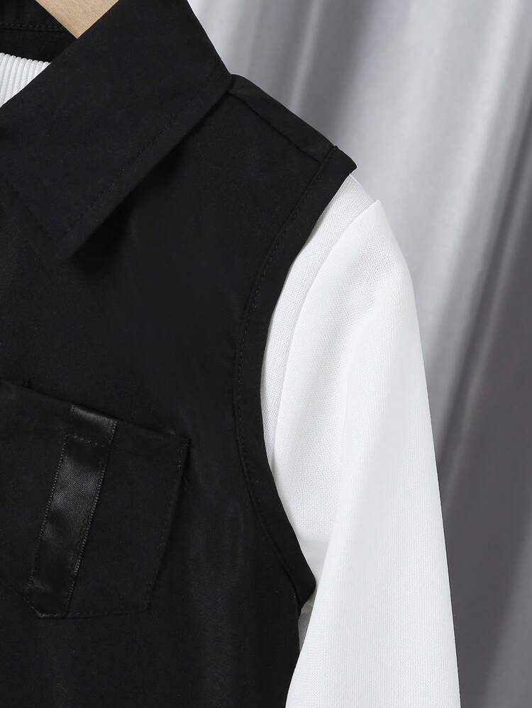 3pcs Boys Autumn Outfit Set: Vest, Sweatshirt, And Cargo Pants - Black - View 4