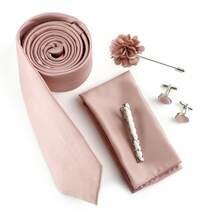 ZONFAZ 5pcs/Set Men's Business Formal Wedding Party Necktie & Pocket Square & Cufflinks & Lapel Flower & Tie Clip Combo Set, Fashion - Dusty Pink - View 2