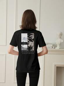 Women's Summer New Simple Slogan Print Casual Vacation Loose Fit Round Neck Apricot Short Sleeve T-Shirt, Fashionable Everyday Top, Suitable For Daily And Vacation Wear - Black - View 1