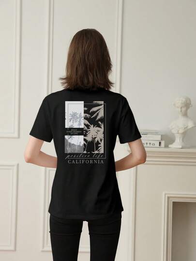 女士夏季新款简约标语印花休闲度假宽松圆领杏色短袖T恤，时尚日常上衣，适合日常和度假穿着