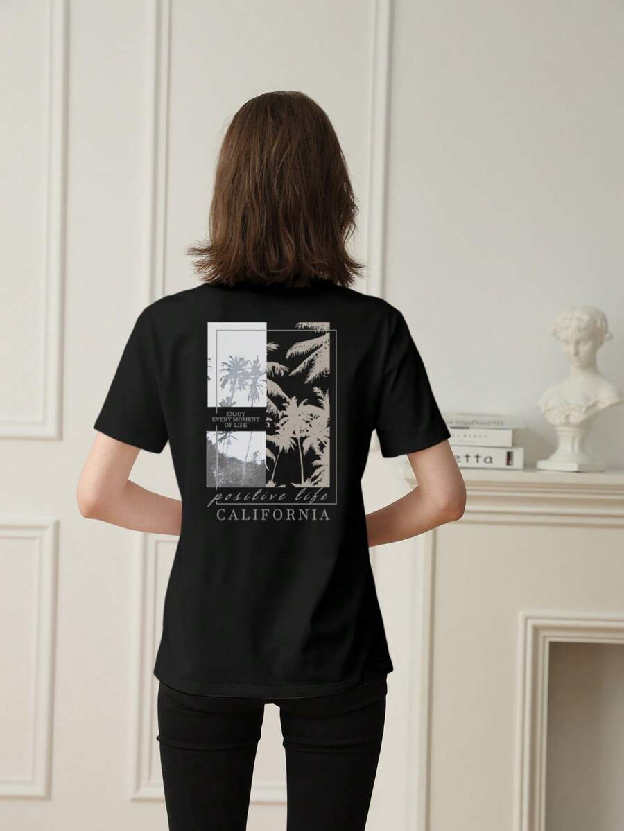 Women's Summer New Simple Slogan Print Casual Vacation Loose Fit Round Neck Apricot Short Sleeve T-Shirt, Fashionable Everyday Top, Suitable For Daily And Vacation Wear - Black - View 1