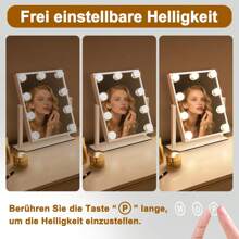 ZMH Espejo de maquillaje iluminado con 9 LED, espejo cosmético pequeño con luz, espejo de mesa giratorio de 360°, 3 modos, espejo de maquillaje con atenuación táctil.