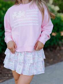 Women's Fall Loose Pullover Floral Flag Print Long Sleeve Crew Neck Sweatshirt Casual Tops - 彩色 - 查看 2