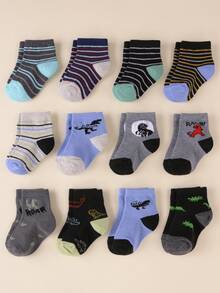 12 双婴儿短袜 - 条纹卡通动物图案，柔软舒适的幼儿学步袜，男婴休闲袜，颜色随机