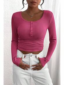 Women's 2025 Fall Long Sleeve Henley Shirts Button Ribbed Knit Casual Basic Tops Blouse - 玫紅色 - 查看 3