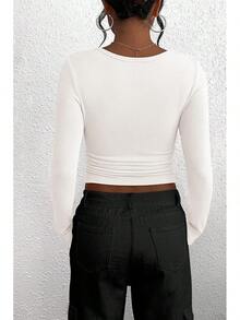 Women's 2025 Fall Long Sleeve Henley Shirts Button Ribbed Knit Casual Basic Tops Blouse - 白色 - 查看 2