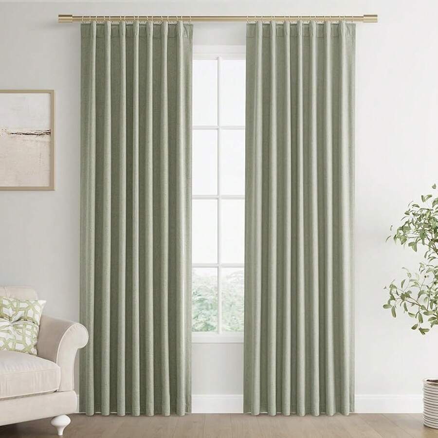 Beige Linen% Blackout Curtains 84 Inch Long, Rod Pocket/Back Tab/Hook Belt/Clip Rings, Thermal Insulated Drapes Bedroom Living Room With Hooks (1 Panel, 60 X 84), Stylish Window Treatments - 鼠尾草綠 - 查看 1