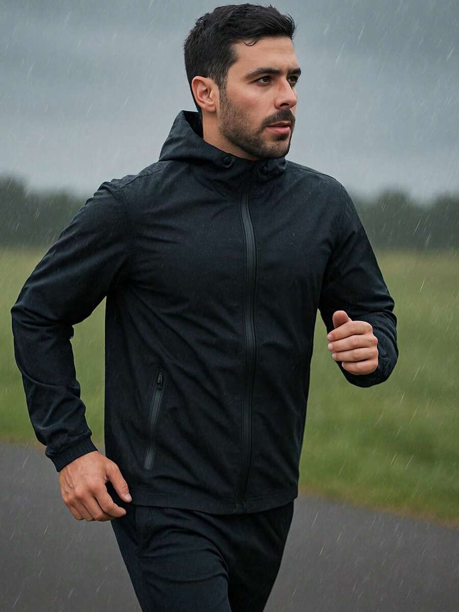 Men's Waterproof Windbreaker Jacket With Removable Hood In Black For Gym Or Running - Black - View 1