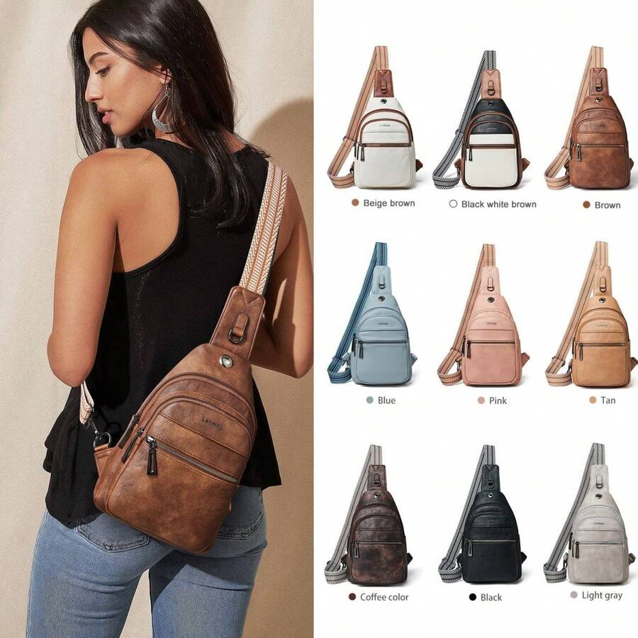 LATMAP Sling Bag For Women Men Crossbody Shoulder Tote Blet Bags Backpack Fanny Pack Travel Purse Faux Leather,Vacation Essentials&Back-To-School Essentials,Brown - 棕色 - 查看 1