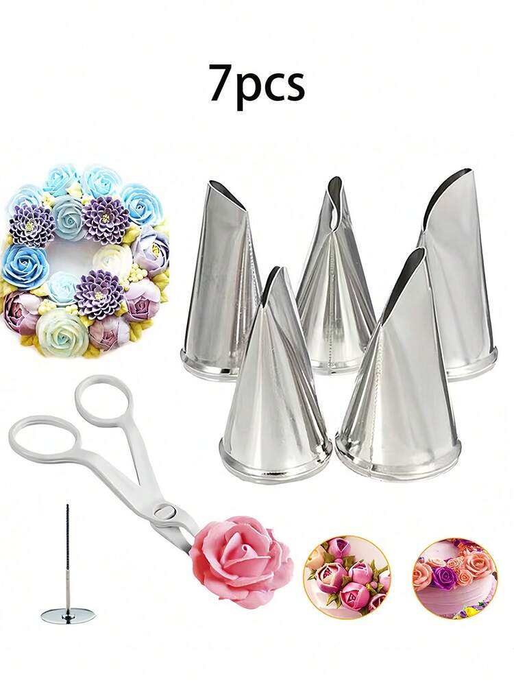 7件/9件套不锈钢玫瑰花裱花嘴套装，蛋糕奶油挤压嘴，裱花钉，裱花剪刀，裱花嘴，裱花袋，裱花枪，裱花夹，糖霜翻转剪刀，烘焙工具，花瓣裱花嘴，蛋糕奶油裱花嘴 - 彩色 - 查看 11
