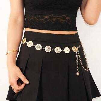 1pc Hollow Round Sunflower Vintage Line Carving Splice Waist Chain, Fashion Versatile Decoration For Women Skirts