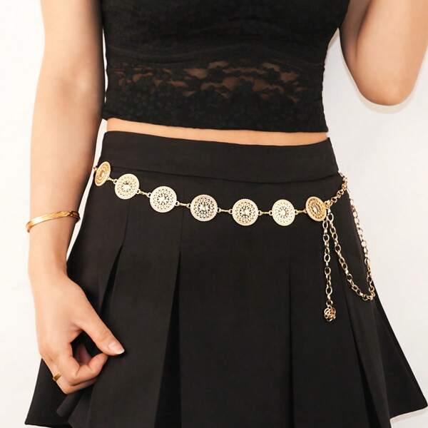 1pc Hollow Round Sunflower Vintage Line Carving Splice Waist Chain, Fashion Versatile Decoration For Women Skirts