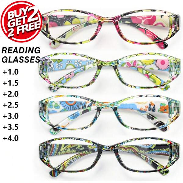 4pcs Lightweight Oval Fashion Reading Glasses, Colorful Print Design, Portable & Elegant Ladies Eyeglasses
