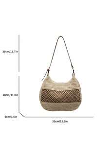 女士镂空单肩包可调节肩带草编旅行手提包时尚托特包女士夏季日常包女士草编沙滩包波西米亚镂空编织手提包大容量手提包PU单肩包斜挎托特包度假 - 米色 - 查看 6