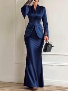 Bộ váy áo 2 mảnh thanh lịch dành cho nữ, váy dự tiệc trang trọng tay ren, váy dự đám cưới mùa xuân. - Màu xanh hải quân - Xem 4