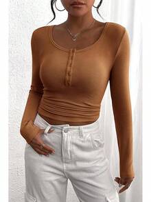 Women's 2025 Fall Long Sleeve Henley Shirts Button Ribbed Knit Casual Basic Tops Blouse - Màu Khaki - Xem 4